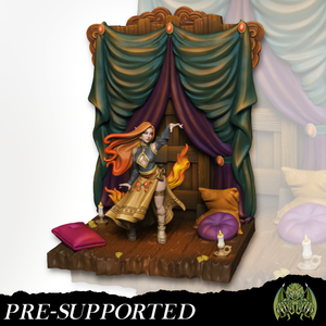 A figurine of a woman with long hair and a flowing dress stands in a room with a curtain, surrounded by various objects such as a candle, a pillow, and a dragon.