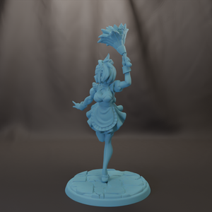 A figurine of a maid or housekeeper standing on a pedestal and holding a fan.