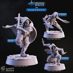 The image is a collage of three 3D models of masked thieves, each with different poses and weapons. The models are displayed against a dark background, highlighting their details and design.