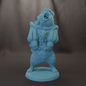 A light blue, sculpted bear figurine with a fierce expression and a decorative headdress, standing on a platform.