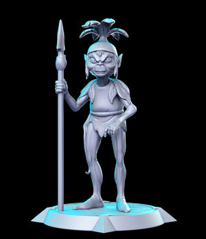 A 3D rendering of a fantastical creature, possibly a mythical or magical being, standing on a platform and holding a spear.