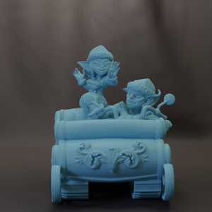 A blue figurine of two elf-like characters sitting on a decorative vehicle.