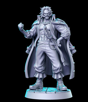 A 3D rendering of a muscular, bearded man wearing a long coat and holding a sword, standing on a pedestal against a dark background.