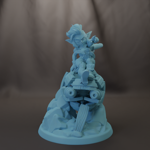 A 3D model of a character with a unique hairstyle and attire, standing on a platform or base.