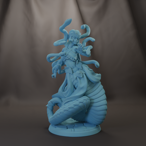 A blue figurine depicting a fantastical creature with multiple arms and a snake-like body, standing on a platform.