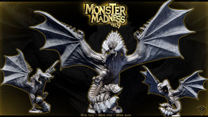 A 3D rendering of a large, winged dragon-like creature with a snake wrapped around its body. The dragon has a fierce expression and is depicted in a dynamic pose, with its wings spread wide. The background is dark and dramatic, emphasizing the imposing nature of the creature. The text "MONSTER MADNESS VOL.9" is prominently displayed above the dragon, indicating the title of the video game.
