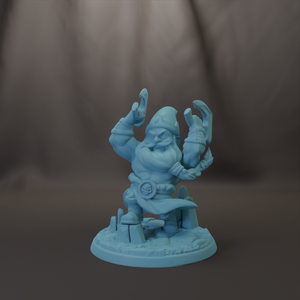 A small blue figurine of a gnome or dwarf figure standing on a base, with one hand raised and the other holding a weapon.