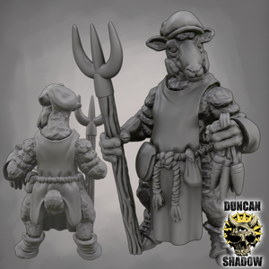 two characters, one larger and one smaller, both holding various objects such as a fork and a bag.