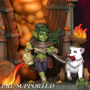 A green-skinned, hooded character holding a bag and a sword stands next to a white dog in a fantastical, fiery setting.