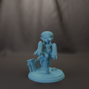 A light blue figurine of a female character with horns and a hat, standing on a base with a gate and a skull.