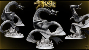 three detailed sculptures of a large, menacing-looking dragon-like creature, possibly a monster or a mythical creature, set against a dark background.