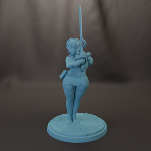 A 3D model of a female character holding a sword, standing on a pedestal.