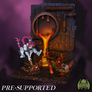 A 3D model of a fantasy scene with a character holding a sword, a character with a glowing skull, and a character with a glowing orb. The scene appears to be a miniature diorama or model, and the image is described as "PRE-SUPPORTED".