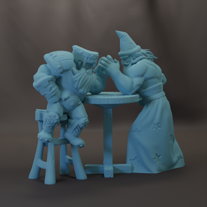 A blue figurine of a bearded man sitting on a stool, with another figure wearing a pointed hat standing behind him.