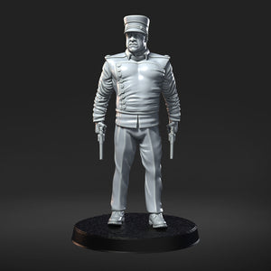 A 3D rendering of a man in a uniform, holding a gun, standing on a platform.