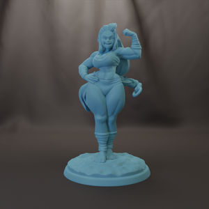 A figurine of a muscular, female character with a determined expression, standing on a base and flexing her muscles.