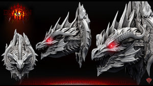 a dragon head with red eyes and horns