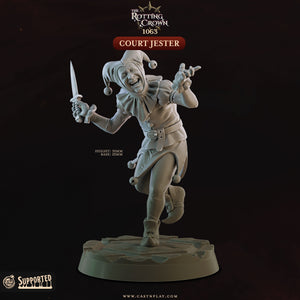 A jester statue with a jester hat and a jester's outfit, holding a jester's knife and appearing to be in a playful pose.