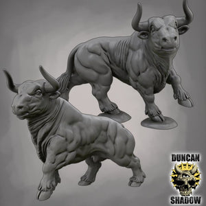 two detailed sculptures of bulls, one standing and one in mid-gallop, against a neutral background.