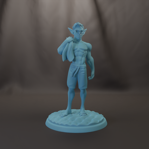 A blue figurine of a muscular man with large ears and glasses, standing on a blue base.