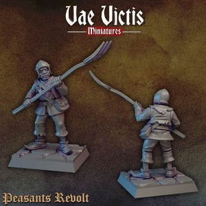 two miniature figures of soldiers, one standing and one kneeling, holding weapons and standing on a platform. The text "Uae Vicis Miniatures" is displayed above the figures, and the phrase "Peasants Revolt" is written at the bottom of the image.
