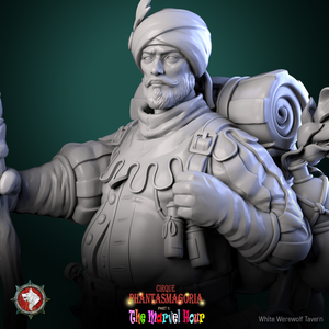 A 3D rendering of a character from the video game "Cirque Phantasmagoria: The Marvel Hour", wearing a distinctive costume and carrying a backpack.