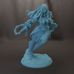 A 3D model of a female character with long hair, wearing a flowing skirt and holding a weapon, standing on a base.