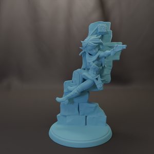 A light blue figurine of a character with a sword and shield, standing on a pedestal.