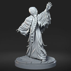 A 3D rendering of a figure in a flowing robe, with their arms raised and a raised hand, standing on a circular platform.