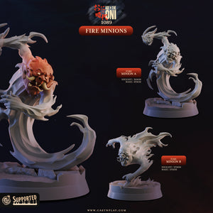 The image is a promotional advertisement for a collection of figurines called "Fire Minions". It features three different figurines of these creatures, each with varying heights and bases, set against a dark background. The figurines are displayed on pedestals, and the image includes text that provides information about the figurines, such as their names and sizes.