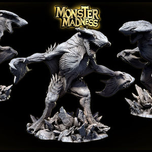 A 3D rendering of a large, menacing-looking creature with sharp teeth and claws, surrounded by rocks and debris. The creature appears to be a monster or a dragon-like creature, with a menacing expression on its face. The image is part of a collage or a 3D model, and the title "MONSTER MADNESS" is displayed prominently in the background.