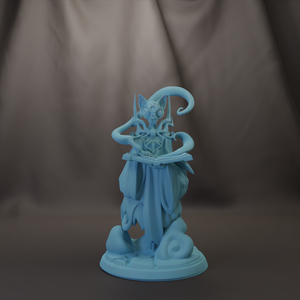 A blue, abstract sculpture with a twisted, ethereal form stands on a base against a dark background.