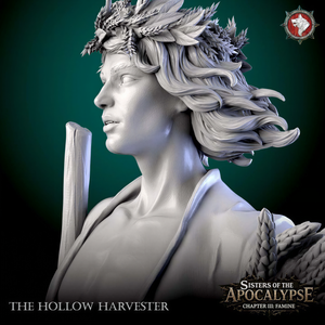 The image is a close-up of a statue depicting a female figure with flowing hair and a crown of leaves, possibly representing a goddess or deity. The statue is set against a dark green background, and the text "The Hollow Harvester" is visible, along with the title "Sisters of the Apocalypse" and the chapter title "CHAPTER III: FAMINE".