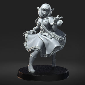 A 3D rendering of a female character with blonde hair, wearing a flowing dress and holding a weapon.