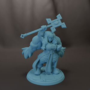 A figurine of a muscular, armored character holding a large cross-shaped weapon.