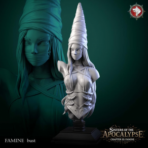 a bust of a woman with long hair wearing a pointed hat, set against a dark green background.