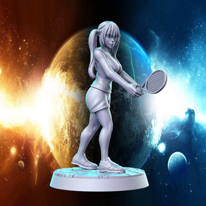 A 3D model of a female tennis player holding a tennis racket, set against a backdrop of a planet and a fiery explosion.