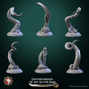 six 3D models of tentacles, each on a separate base, arranged in a grid against a dark green background.