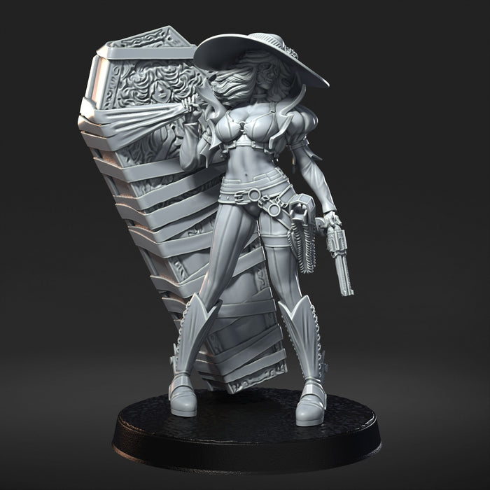 Raven Chrome Sexy Undead Female Gun Wielding Mummy and Coffin  - 28mm or 32mm Miniatures RN Estudio Mini CP 2077