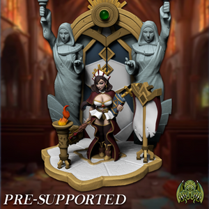 A 3D rendering of a female character in a regal pose, surrounded by ornate statues and a golden throne, with the text "PRE-SUPPORTED" at the bottom.