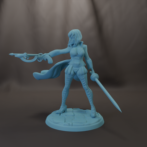 A 3D model of a female character holding a sword and shield, standing on a base.
