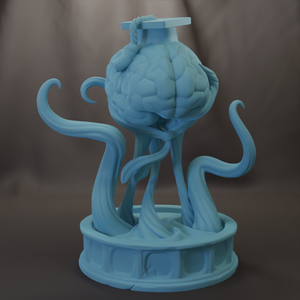 A blue, abstract sculpture resembling a brain or skull, with long, curving forms and a round base.