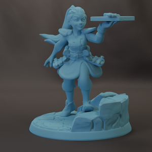 A 3D model of a female character with a large head, holding a rectangular object in her hand.