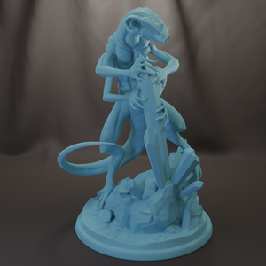 A 3D model of a fantastical creature, possibly a dragon or serpent, with a large, sharp weapon in its hands.