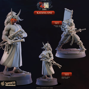 three figurines of characters from the video game "KATANA ONI" with various poses and weapons.