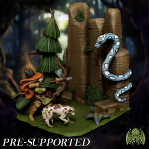 A 3D model of a fantasy scene featuring a woman with a bow and arrow, a dog, and a snake, all set against a forest backdrop.