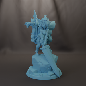 A light blue figurine of a character holding a sword and shield, standing on a rock.