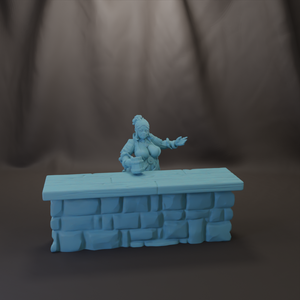 A 3D model of a female character sitting on a stone wall.