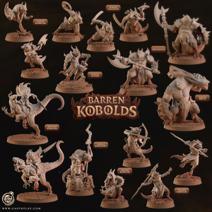 a collection of 16 different figurines representing various fantasy creatures and characters, including Kobolds, Kobols, and other fantastical elements.