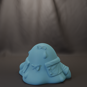 A blue, abstract, and whimsical figurine with a face, glasses, and a bow tie sits on a surface against a dark background.